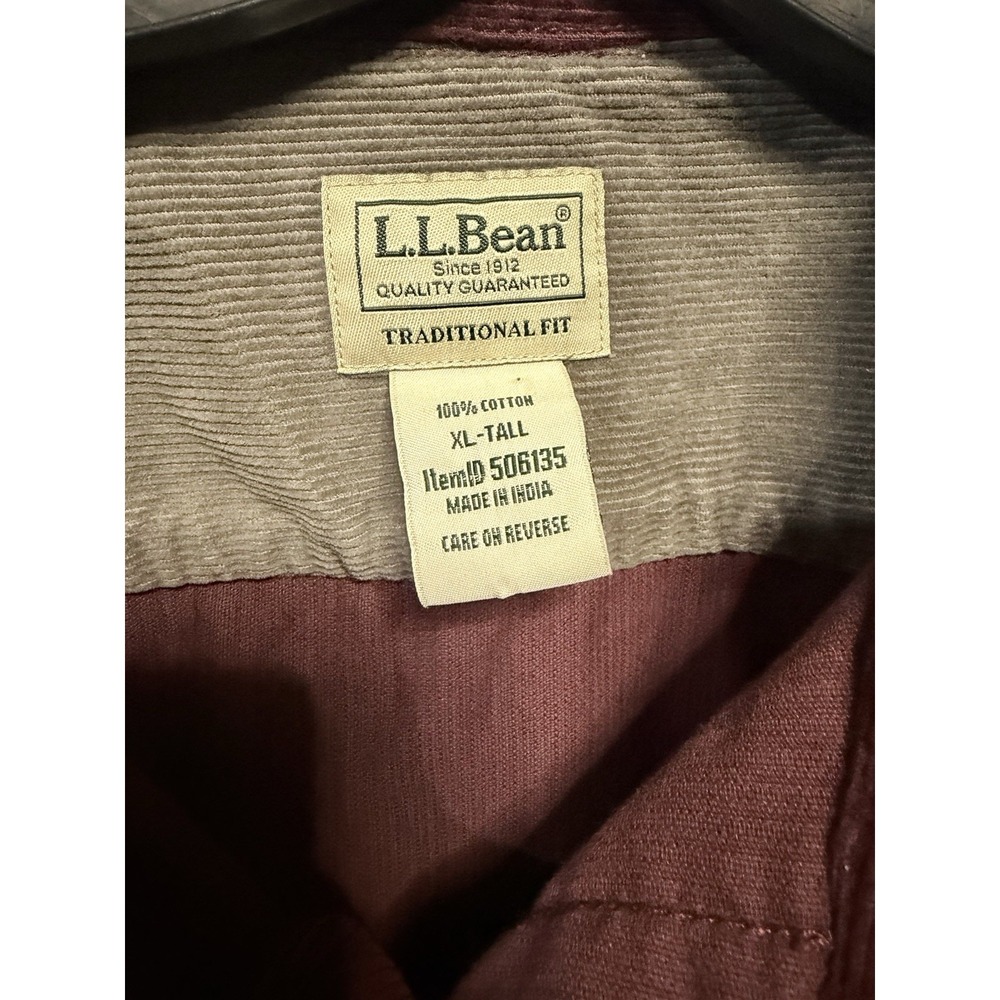 L.L. Bean Corduroy Shirt XL tall Burgundy Long Sleeve Button-Up Classic Fit - Picture 5 of 5